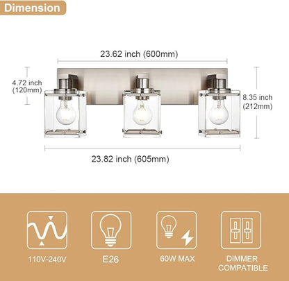 WINSHEN 3-Lights Bathroom Wall Light Fixtures E26 Bulb Base, Brushed Nickel Vanity Lighting Fixtures Over Mirror with Clear Glass Shades for Living Room Hallway Kitchen