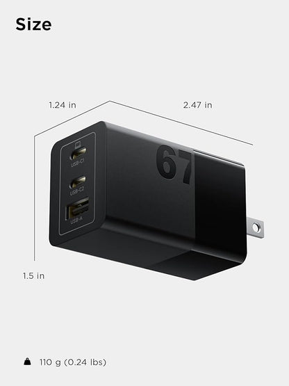 Lenovo 67W USB-C Charger, 3-Port Multi-Device Fast Charging, Advanced GaN Charger Block, Compact Fast Wall Charger, for MacBook Pro/Air, Dell XPS, iPhone 16 Series, Samsung Galaxy, and More