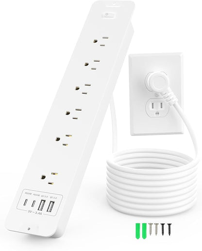 Inhwatek Recessed Power Strip, Surge Protector with USB Ports, Flush Mount Power Strip, 6Ft Flat Plug Extension Cord for Home Office Desk Kitchen Behind Furniture