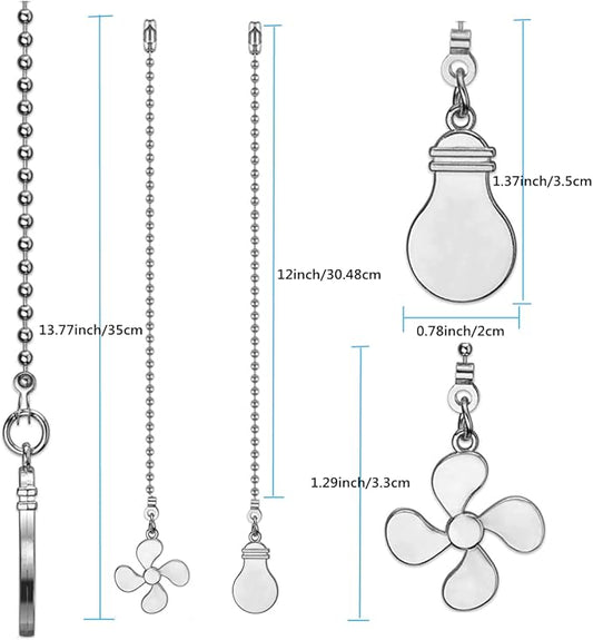 ZE-268S6- Ceiling Fan Pull Chain Set, 12 Inch Nickel, 4 Pieces Fan and Light Design Extension, for Ceiling Fan and Lighting