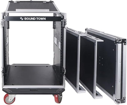 Sound Town Heavy-Duty 1/2" (12mm) Plywood 14U PA DJ Pro Audio Rack/Road ATA Case with 11U Slant Mixer Top, Locking Drawer, Side Table, 20’’ Rackable Depth and Casters (STMR-14TD3)