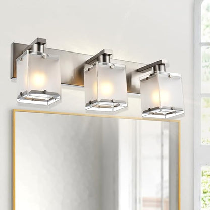 WINSHEN Modern 3-Lights Brushed Nickel Vanity Lights, Bathroom Light Fixture Over Mirror Wall Lighting Sconces with Frosted Glass Shades, E26 Bulb Base