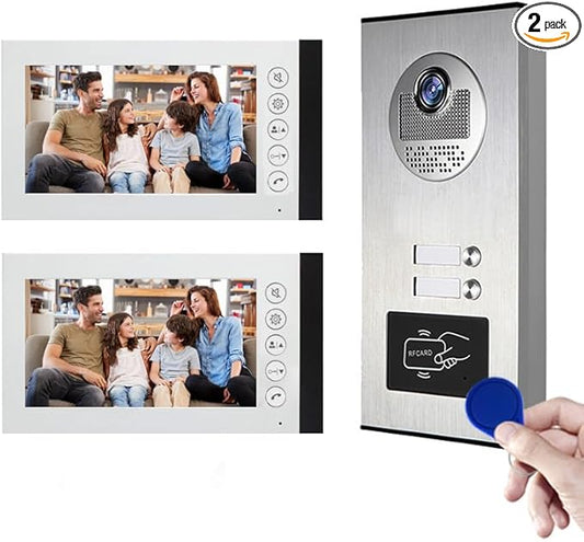 ANJIELO SMART Wired Video Multifamily Apartment Intercom System,2/3/4/6/8/10/12 Units 7 inch Monitor Video Door Phone Kit,Video Doorbell, ID Card Unlock, 2 Way Audio for Home (1 doorbell + 2 Monitor)
