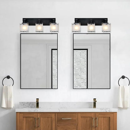 WINSHEN 3-Lights Bathroom Light Fixture Over Mirror, Modern Black Wall Sconce Vanity Lighting Fixtures with Rectangular Frosted Glass Shade for Bathroom Kitchen Bedroom, E26 Bulb Base