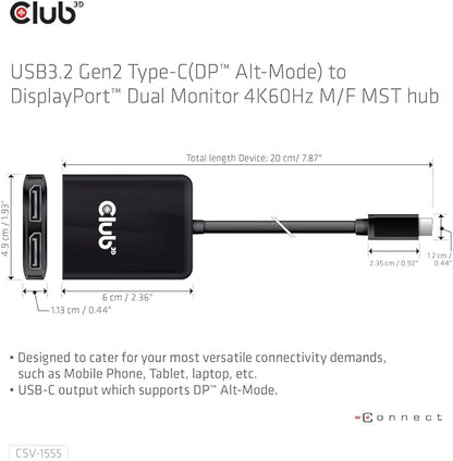 Club 3D CSV-1555 USB3.2 Gen2 Type-C(DP Alt-Mode) to DisplayPort Dual Monitor 4K60Hz M/F MST hub