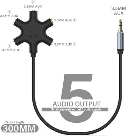 sovunis Multi Headphone Audio Splitter, 5-Way 3.5mm Jack Stereo Headset Adapter to Connect Up to 5 Devices for Mixing, Shared Experiences - for iPhone, iPad & More