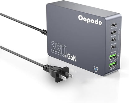 220W USB C Charger Block, 6-Port GaN USB C Charging Station PD 100W PC Laptop Fast Charger Adapter Compatible with iPhone 17, Galaxy 25, MacBook,ipad and More Devices(Gray)