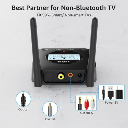1Mii B06TX+ Long Range Bluetooth 5.2 Transmitter for TV/PC/Projector to 2 Wireless Headphones/Speakers, Bluetooth Adapter for TV w/Screen Display, Plug n Play, aptX Low Latency & Adaptive & HD Audio