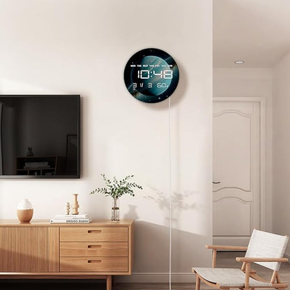 Timethink 12'' Planet Uranus Digital Wall Clock Large Display, Space Solar System Smart Wall Clock Electric Clock with Temperature, Date, 12/24hrs, Automatic Dimming, Plug in LED for Living Room