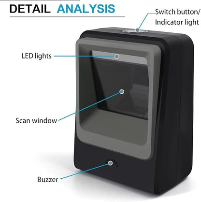 Handsfree 2D 1D Barcode Scanner,Alacrity QR Omnidirectional Desktop Bar Code Reader Scanner, Capture Barcodes from Mobile Phone Screen, Black