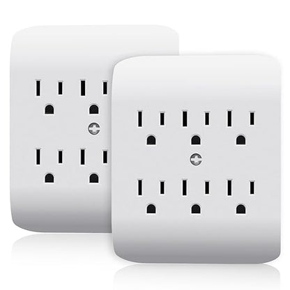 ELEGRP 6-Outlet Extender with Central Anchor, 3-Prong Grounded Wall Tab, Multiple Outlet Extender with 6 Electrical Outlets, ETL Listed, 2 Packs, White