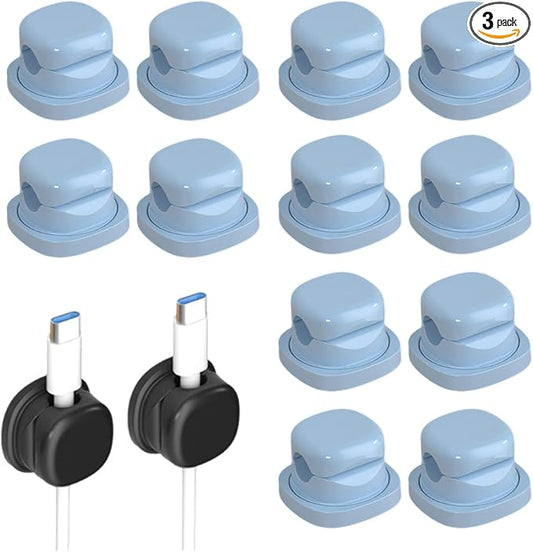 Magnetic Cord Organizer Holder, Upgrade Cord Holder for Nightstand, Adhesive Wire Cable Clips Management Kit for Phone Charger, Computer, Home, Office, Desk, Nightstand (Blue, 12 Packs)