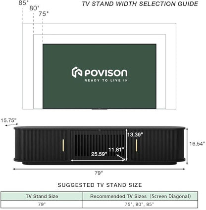 POVISON Fully-Assembled Mid Century Modern TV Stand, Sliding Tambour Door Entertainment Center with Storage, Wood TV Console, Media Console for Living Room Bedroom(Black, 78.74")