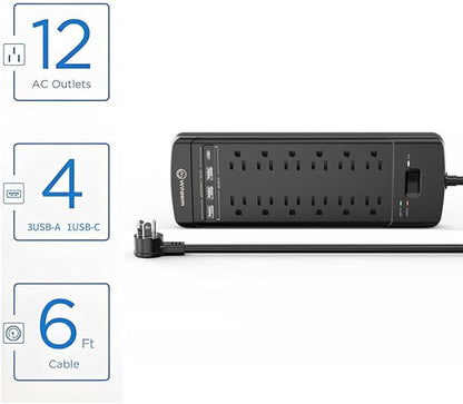 Witeem Surge Protector Power Strip - 12 Outlets,3 USB+USB-C 3.4A Ports, 6Ft Extension Cord, 1875W/15A, 4360Joules, Overload Protection - Ideal for Home & Office Use (Black-USBC)