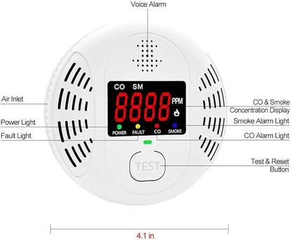 Carbon Monoxide Detector and Smoke Alarm Combined with AA Battery Powered high-Definition Color Screen Detector LCD Digital Display for Home Office Kitchen Hotel Bedroom Voice Alarm 2PACK