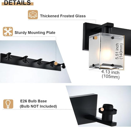 WINSHEN Black Wall Sconce Lighting, 2-Light Bathroom Vanity Light Fixture Wall Mount Lamp Over Mirror for Bedroom Bedside Studty Living Room, Rectangular Frosted Glass Shade