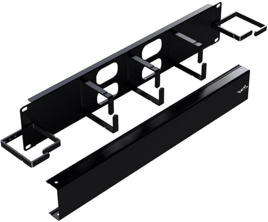 ICC 2U Ring Cable Manager Panel with Cover, Metal, 3" D-Rings, Horizontal and Vertical Cable Management, Rackmount for 19” Network Racks, Black, Single Pack