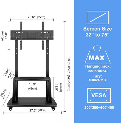Hellsehen Mobile TV Stand,Rolling TVs Cart on Wheels Height Adjustable Heavy-Duty Floor Stand Base for 32-75 Inch LCD LED OLED Flat Panel Screens Smartboard Movable Holds up to 220lbs with Shelf