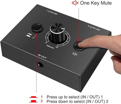 Audio Switcher 3.5mm Audio Selector Splitter Box Mini 2(1)-in-1(2)-Out Audio Sharing Manual Selector Compatible Active Speaker((3.5mm Stereo Audio Switcher)