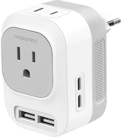 Mapambo Voltage Converter US to Europe Travel: International Universal Travel Adapter with Fast Charging 2 USB-A 2 USB-C Port Worldwide Power Converters Plug Combo for Spain Italy (White)