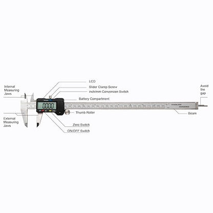 SCITOOLS Digital Caliper 0-12" Measuring Tool with Metal Ruler, Micrometer Caliper with Auto-Off Feature, Interchangeable Between inches and millimeters for DIY/Household and 3D Printing, Black