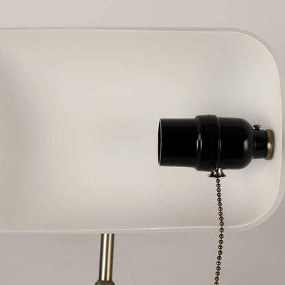 Newrays Glass Bankers Desk Lamp with Pull Chain Switch Plug in Fixture,Satin Brass Finish (White)