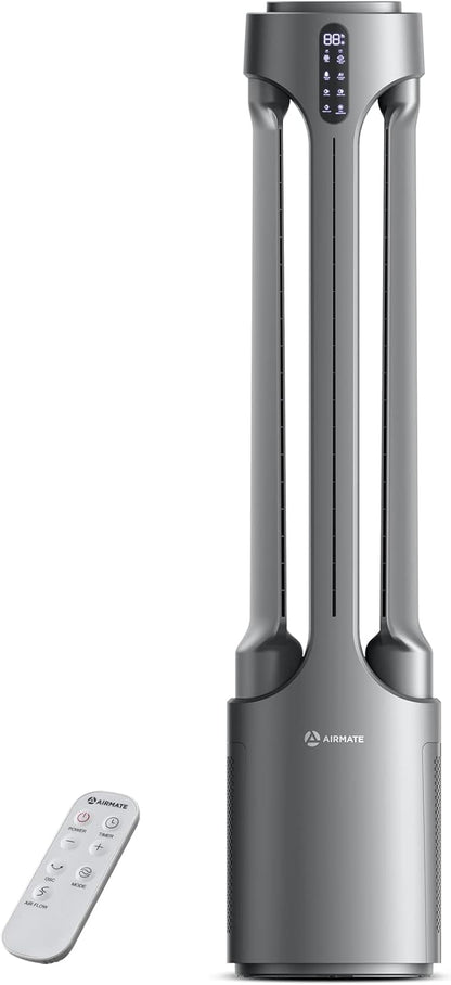 AIRMATE Air Purifier Bladeless Tower Fans, 1500CFM Large Air Volume, 45" 2-in-1 Standing Fan for Bedroom & Home, 28ft/s Velocity, 90° Oscillation, 15H Timer, Low Noise, Silver