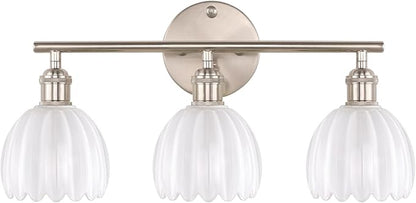 Shenmoyl Bathroom Light Fixtures, 3-Light Vanity Wall Light Over Mirror with White Tulip Glass Shade for Bedroom Living Room (Bulb Not Included), Satin Nickel