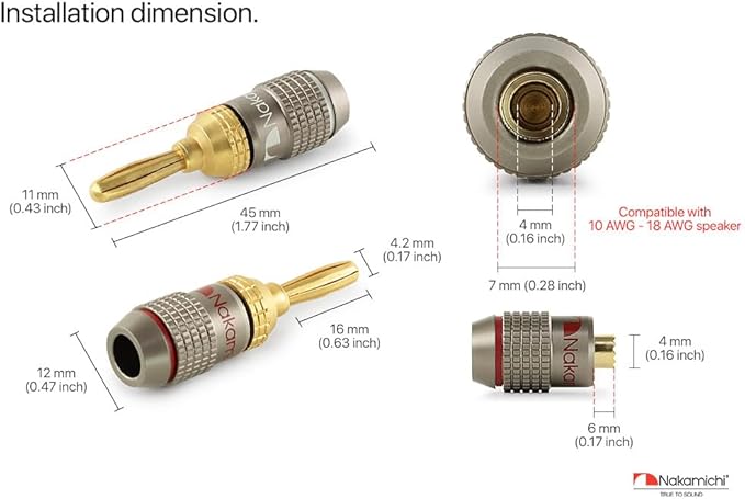 Nakamichi FanLock Excel Series 24k Gold Plated Banana Plugs 10 AWG - 18 AWG Gauge Size 4mm for Speakers Amplifier Hi-Fi Stereo Home Theatre Radio Audio Wire Cable Quick Connector, 8 Pcs (4-Pairs)
