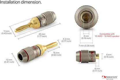 Nakamichi FanLock Excel Series 24k Gold Plated Banana Plugs 10 AWG - 18 AWG Gauge Size 4mm for Speakers Amplifier Hi-Fi Stereo Home Theatre Radio Audio Wire Cable Quick Connector, 8 Pcs (4-Pairs)