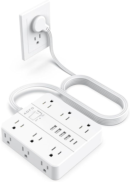 AOFO 10FT Surge Protector Power Strip,12 AC Outlets with 6 USB Ports (2 USB-C), Flat Plug Extension Cord with Multiple Outlets, Wall Mount for Home Office,Dorm,White
