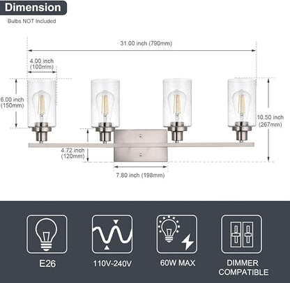WINSHEN 4-Lights Modern Vanity Light Fixtures for Bathroom Over Mirror, Farmhouse 31-Inches Length Seeded Glass Bath Wall Sconce Lighting in Brushed Nickel