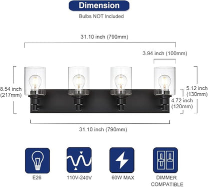 TODOLUZ 4-Lights Bathroom Vanity Light Fixtures, Black Modern Wall Lighting Over Mirror with Clear Glass Shade (E26 Bulb Base)