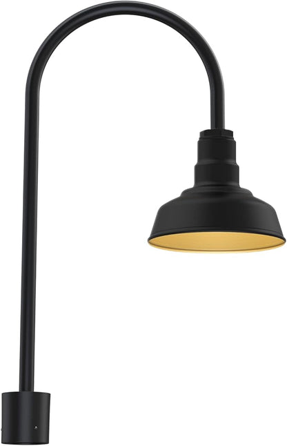 Steel Lighting Co. Hawthorne Light | Outdoor Pole Top Mounted | 8" Dome | Upslope Gooseneck with Slip Fitter for 2-3/8" Standard Poles | Made in America | Matte Black Exterior/Brass Interior
