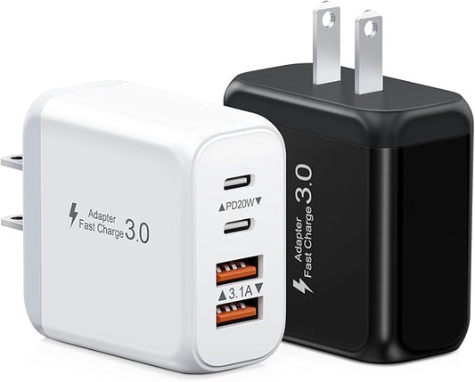 40W USB C Charger Block, 2 Pack 4-Ports Type C Fast Charging Cubes PD USBC Wall Plug+QC 3.0 USB A, Multiple USB C Charger for iPhone 16/15/14/13/12/11 Pro Max/XS, Samsung Galaxy, iPad, Tablet, Pixel