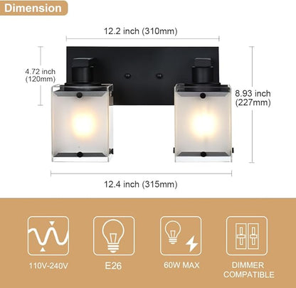 WINSHEN Black Wall Sconce Lighting, 2-Light Bathroom Vanity Light Fixture Wall Mount Lamp Over Mirror for Bedroom Bedside Studty Living Room, Rectangular Frosted Glass Shade