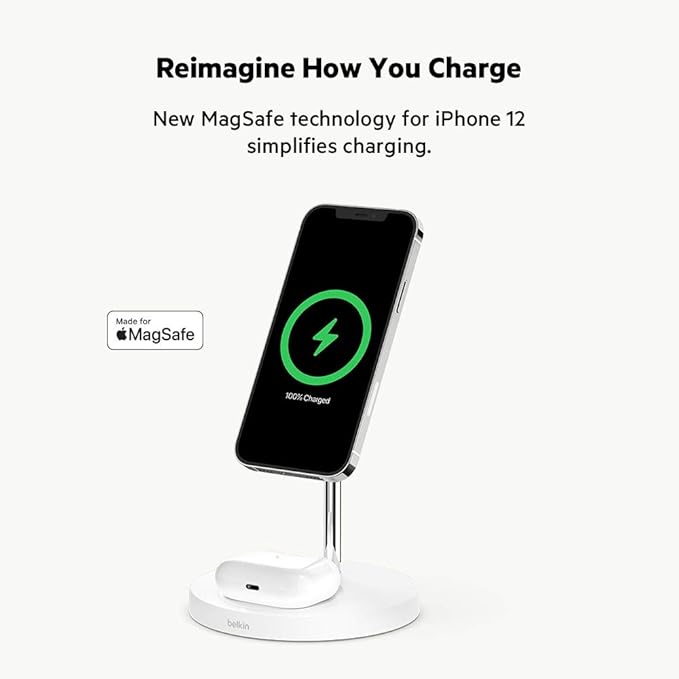 Belkin MagSafe 2-in-1 Wireless Charging Stand for Apple iPhone 13, 14, 15, 16, & AirPods - Fast Charging Station for Multiple Devices - White