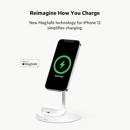 Belkin MagSafe 2-in-1 Wireless Charging Stand for Apple iPhone 13, 14, 15, 16, & AirPods - Fast Charging Station for Multiple Devices - White