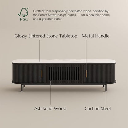 POVISON Fully-Assembled Mid Century Modern Black TV Stand with White Glossy Sintered Stone Tabletop & LED Lights, Rolling Door Media Console, Wood TV Console for Living Room