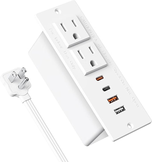 Recessed Power Strip with 30W USB C,Ultra Thin Flat Plug Power Strip,2 Outlets 4 USB Ports,Furniture Flush Mount Desk Outlet,Recessed Outlet for Side Table/Sofa Table,6ft Cord (White)