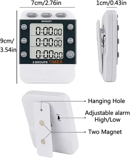 MOSTRUST Digital Dual Kitchen Timer for Cooking, 3 Channels Count Down/up Triple Multi Timers for Food, Magnetic Memory-Preset Large-Display Adjustable Alarm Volume, 3A Battery Included