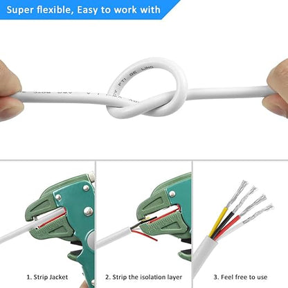 20 Gauge 4 Conductor Electrical Wire, 32.8FT White Stranded Low Voltage 20/4 Cable PVC Case, 20 AWG Tinned Copper 4 Wire Extension Power Cable for LED Lamp Lighting, Automotive