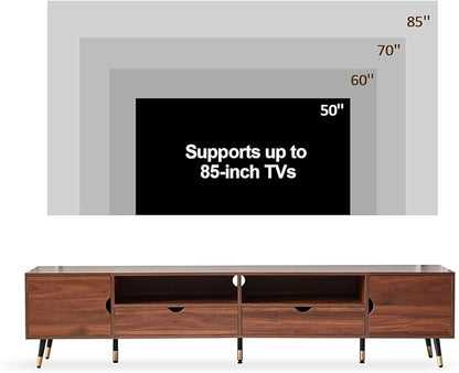siu want Mid-Century Modern TV Stand for TVs up to 85 Inch, 78.7'' Walnut Wood Media Console with Drawers & Open Storage, Solid Wood Legs, Low Profile Entertainment Center for Living Room