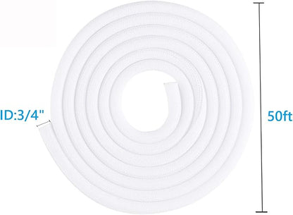 QCSIW 3/4"-50ft Extra-Long Braided Cable Sleeve Protector - Self-Wrapping Pet-Proof Wire Loom for Home Theater, Office, Car Engine, Chew-Resistant Cord Cover, White