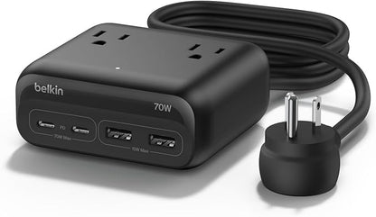 Belkin GaN Charging Station 70W, 7-in-1 Dual USB C Charger w/ 3X AC Outlets, 2X USB A Ports - Power Strip for iPhone, Apple Watch, iPad, MacBook, Chromebook, Samsung Galaxy, Pixel 10, & More - Black