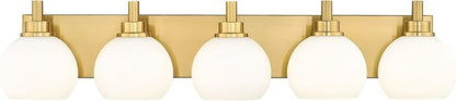 METWET Bathroom Light Fixtures, 5-Light Brushed Gold Bathroom Vanity Lights Over Mirror with Globe Milk White Glass Shade, 32 Inch Modern Vanity Lighting Fixtures, VL195-BG-ML-5