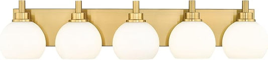METWET Bathroom Light Fixtures, 5-Light Brushed Gold Bathroom Vanity Lights Over Mirror with Globe Milk White Glass Shade, 32 Inch Modern Vanity Lighting Fixtures, VL195-BG-ML-5