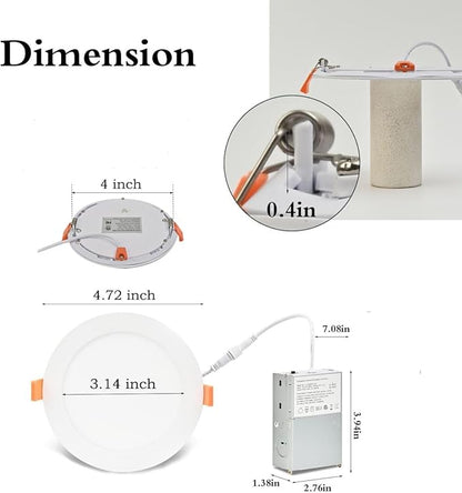 MKUJOO 12 Pack 4 Inch Ultra-Thin 5CCT LED Recessed Ceiling Light with Junction Box,panel light,9.5W,2700K/3000K/3500K/4000K/5000K Selectable Dimmable recessed lighting ETL&FCC&CE Energy Star Certified