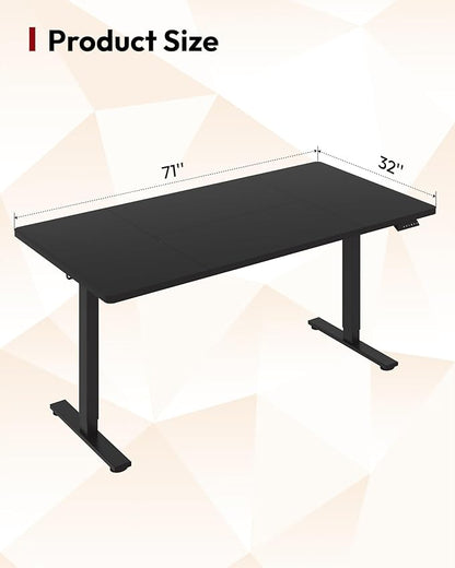 SANODESK Electric Standing Desk 71 x 32 Inches Height Adjustable Stand Up w/6-Button Controller Ergonomic Computer Desk with Splice Board for Home Office, Black Frame + Black Tabletop