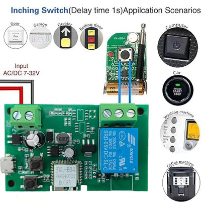 Huacaoe１CH WiFi Smart Switch Relay Module -10A Dry Contact Design for Garage Door/Home Automation, 7-32V DC & USB 5V Wide Voltage, Compatible with Alexa & eWeLink App, Mobile Remote Control